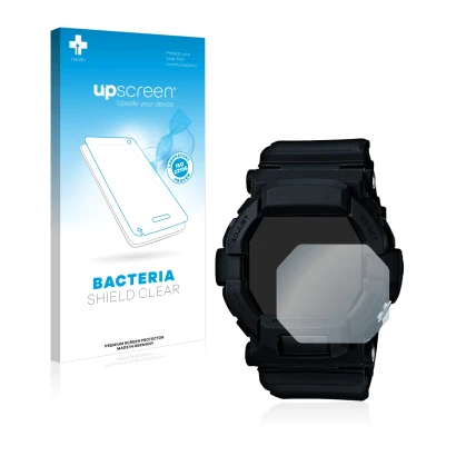 Parte frontal de un envase de producto con el logotipo de la marca upscreen. Al lado se muestra el dispositivo Casio G-Shock G