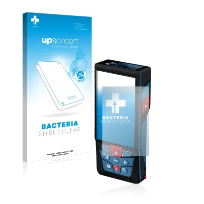 Parte frontal de un envase de producto con el logotipo de la marca upscreen. Al lado se muestra el dispositivo Bosch GLM 150-2