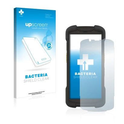 Parte frontal de un envase de producto con el logotipo de la marca upscreen. Al lado se muestra el dispositivo Zebra TC73 con 