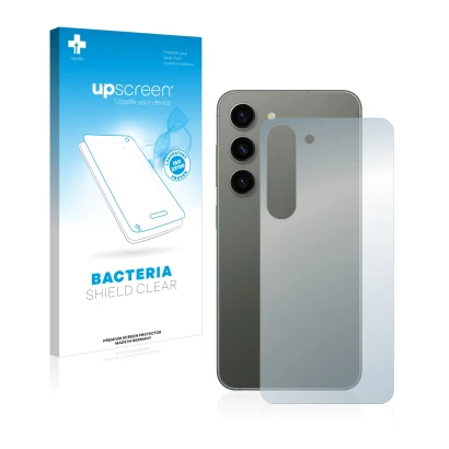 Parte frontal de un envase de producto con el logotipo de la marca upscreen. Al lado se muestra el dispositivo Samsung Galaxy