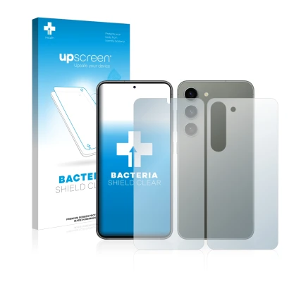 Parte frontal de un envase de producto con el logotipo de la marca upscreen. Al lado se muestra el dispositivo Samsung Galaxy