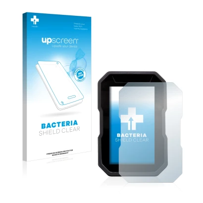 Parte frontal de un envase de producto con el logotipo de la marca upscreen. Al lado se muestra el dispositivo Ducati DesertX 