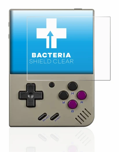 Imagen del dispositivo Miyoo Mini Plus con una amplia variedad de protectores de pantalla.