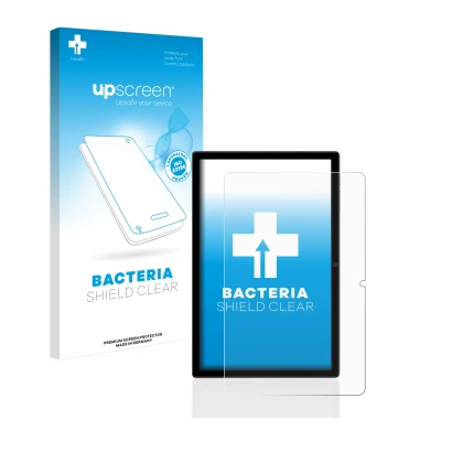 Parte frontal de un envase de producto con el logotipo de la marca upscreen. Al lado se muestra el dispositivo Blackview Tab 1