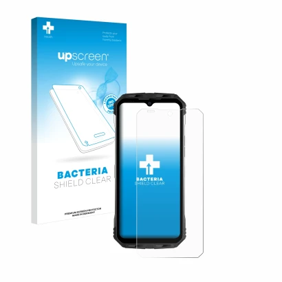Parte frontal de un envase de producto con el logotipo de la marca upscreen. Al lado se muestra el dispositivo Doogee S100 con