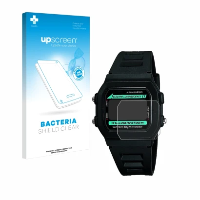 Parte frontal de un envase de producto con el logotipo de la marca upscreen. Al lado se muestra el dispositivo Casio W-86-1VQE