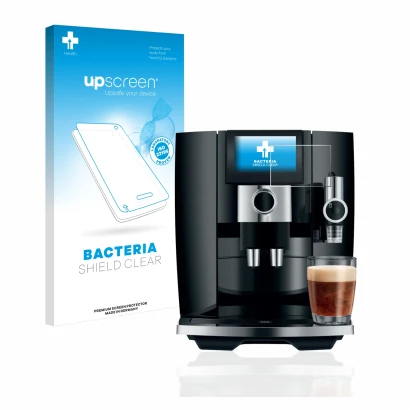 Parte frontal de un envase de producto con el logotipo de la marca upscreen. Al lado se muestra el dispositivo Jura J8 con su