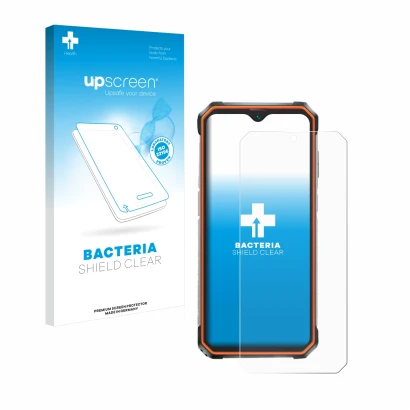 Parte frontal de un envase de producto con el logotipo de la marca upscreen. Al lado se muestra el dispositivo Blackview BV920