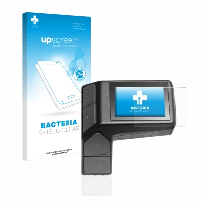 Parte frontal de un envase de producto con el logotipo de la marca upscreen. Al lado se muestra el dispositivo Giant Ridecontr