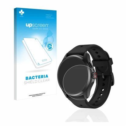 Parte frontal de un envase de producto con el logotipo de la marca upscreen. Al lado se muestra el dispositivo Mobvoi TicWatch