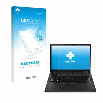 Parte frontal de un envase de producto con el logotipo de la marca upscreen. Al lado se muestra el dispositivo Lenovo ThinkPad