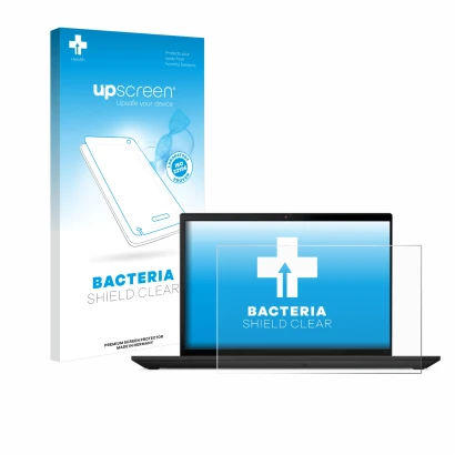 Parte frontal de un envase de producto con el logotipo de la marca upscreen. Al lado se muestra el dispositivo Lenovo ThinkPad