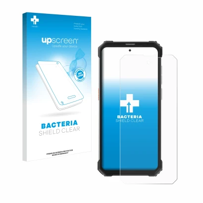 Parte frontal de un envase de producto con el logotipo de la marca upscreen. Al lado se muestra el dispositivo Blackview BV890