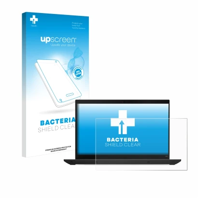 Parte frontal de un envase de producto con el logotipo de la marca upscreen. Al lado se muestra el dispositivo Lenovo ThinkPad