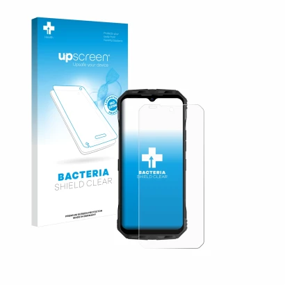 Parte frontal de un envase de producto con el logotipo de la marca upscreen. Al lado se muestra el dispositivo Doogee V Max co