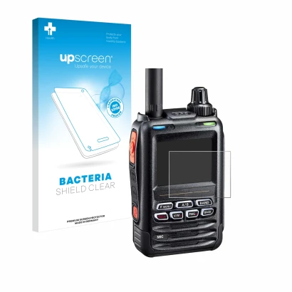 Parte frontal de un envase de producto con el logotipo de la marca upscreen. Al lado se muestra el dispositivo Yaesu FT-5DE/DR