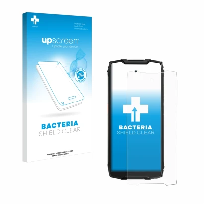 Parte frontal de un envase de producto con el logotipo de la marca upscreen. Al lado se muestra el dispositivo Blackview BV930