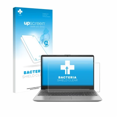 Parte frontal de un envase de producto con el logotipo de la marca upscreen. Al lado se muestra el dispositivo HP 250 G9 con s