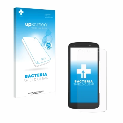 Parte frontal de un envase de producto con el logotipo de la marca upscreen. Al lado se muestra el dispositivo Zebra TC22 con 