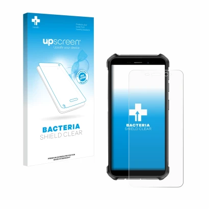 Parte frontal de un envase de producto con el logotipo de la marca upscreen. Al lado se muestra el dispositivo Ulefone Armor X