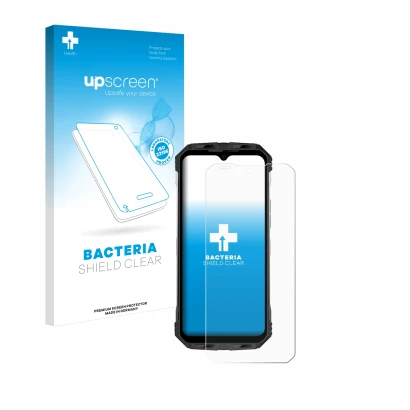 Parte frontal de un envase de producto con el logotipo de la marca upscreen. Al lado se muestra el dispositivo Doogee S110 con
