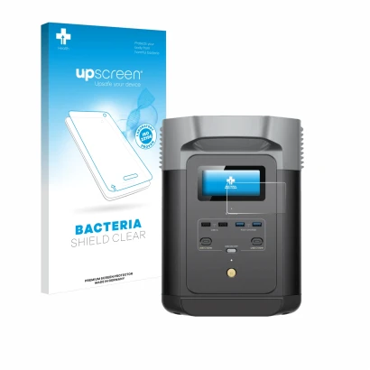 Parte frontal de un envase de producto con el logotipo de la marca upscreen. Al lado se muestra el dispositivo EcoFlow DELTA 2