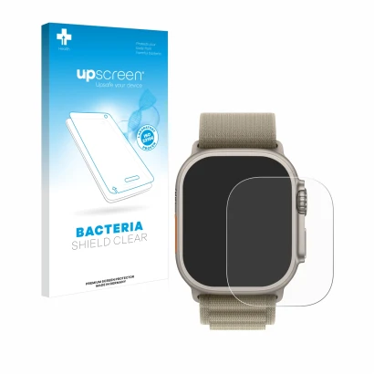 Parte frontal de un envase de producto con el logotipo de la marca upscreen. Al lado se muestra el dispositivo Apple Watch Ult