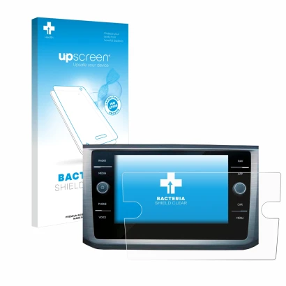 Parte frontal de un envase de producto con el logotipo de la marca upscreen. Al lado se muestra el dispositivo Volkswagen Pass