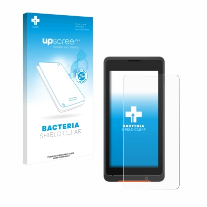 Parte frontal de un envase de producto con el logotipo de la marca upscreen. Al lado se muestra el dispositivo Sunmi P2 Lite S