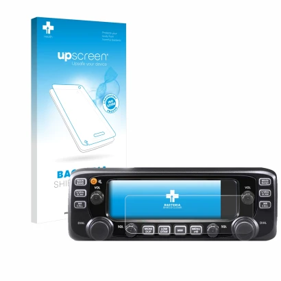 Parte frontal de un envase de producto con el logotipo de la marca upscreen. Al lado se muestra el dispositivo Icom IC-2730E c