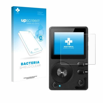 Parte frontal de un envase de producto con el logotipo de la marca upscreen. Al lado se muestra el dispositivo Hifi Walker H2
