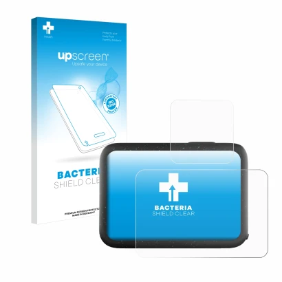 Parte frontal de un envase de producto con el logotipo de la marca upscreen. Al lado se muestra el dispositivo GoPro Hero 12 B