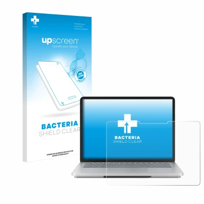 Parte frontal de un envase de producto con el logotipo de la marca upscreen. Al lado se muestra el dispositivo Microsoft Surfa
