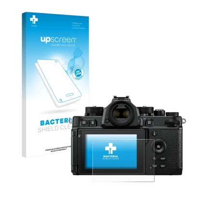 Parte frontal de un envase de producto con el logotipo de la marca upscreen. Al lado se muestra el dispositivo Nikon Z F con s