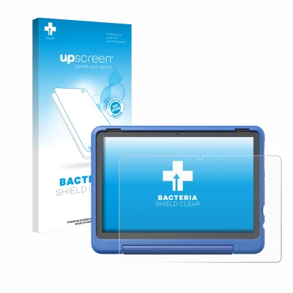 Parte frontal de un envase de producto con el logotipo de la marca upscreen. Al lado se muestra el dispositivo Amazon Fire HD