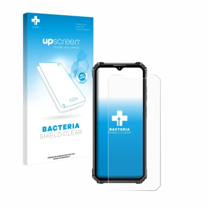 Parte frontal de un envase de producto con el logotipo de la marca upscreen. Al lado se muestra el dispositivo Oukitel WP28 co