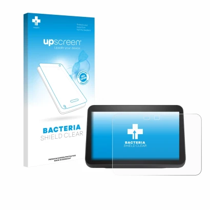 Parte frontal de un envase de producto con el logotipo de la marca upscreen. Al lado se muestra el dispositivo Amazon Echo Sho