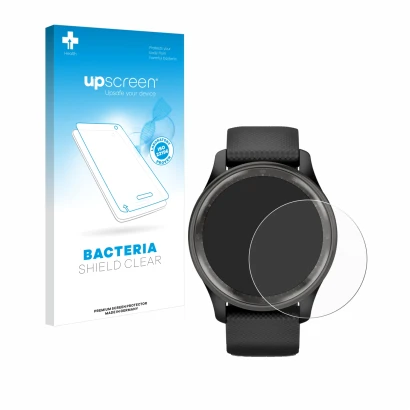 Parte frontal de un envase de producto con el logotipo de la marca upscreen. Al lado se muestra el dispositivo Garmin Vivomove