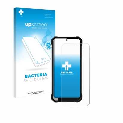 Parte frontal de un envase de producto con el logotipo de la marca upscreen. Al lado se muestra el dispositivo Oukitel WP23 co
