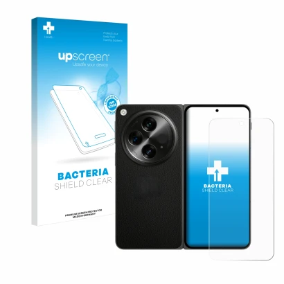 Parte frontal de un envase de producto con el logotipo de la marca upscreen. Al lado se muestra el dispositivo OnePlus Open co