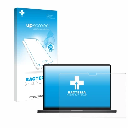 Parte frontal de un envase de producto con el logotipo de la marca upscreen. Al lado se muestra el dispositivo Apple MacBook P