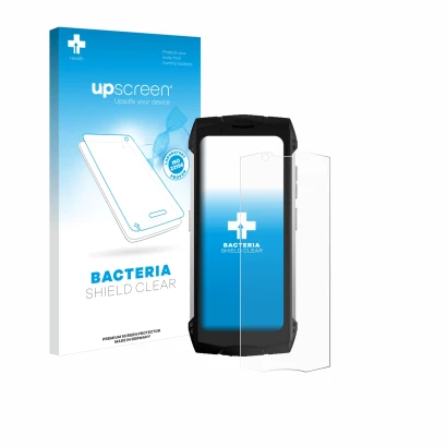 Parte frontal de un envase de producto con el logotipo de la marca upscreen. Al lado se muestra el dispositivo Doogee S Mini c