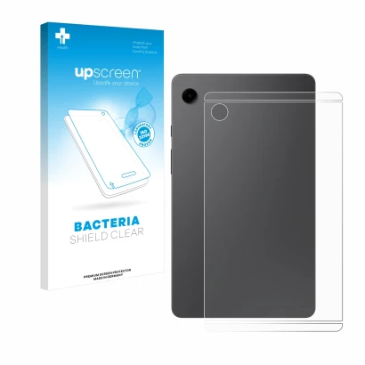 Parte frontal de un envase de producto con el logotipo de la marca upscreen. Al lado se muestra el dispositivo Samsung Galaxy