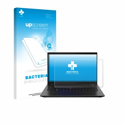 Parte frontal de un envase de producto con el logotipo de la marca upscreen. Al lado se muestra el dispositivo Lenovo ThinkPad