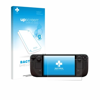 Parte frontal de un envase de producto con el logotipo de la marca upscreen. Al lado se muestra el dispositivo Valve Steam Dec