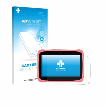 Parte frontal de un envase de producto con el logotipo de la marca upscreen. Al lado se muestra el dispositivo Blackview Tab 3