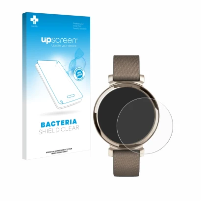 Parte frontal de un envase de producto con el logotipo de la marca upscreen. Al lado se muestra el dispositivo Garmin Lily 2 c
