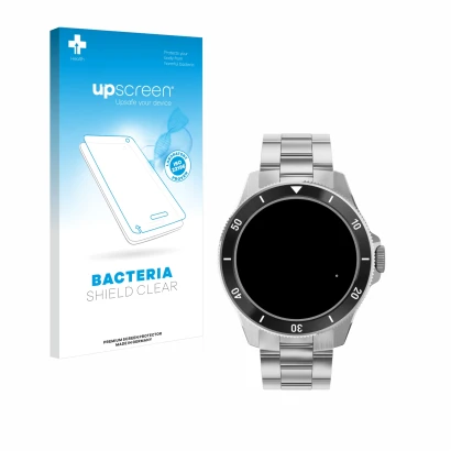 Parte frontal de un envase de producto con el logotipo de la marca upscreen. Al lado se muestra el dispositivo Withings ScanWa