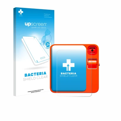 Parte frontal de un envase de producto con el logotipo de la marca upscreen. Al lado se muestra el dispositivo rabbit r1 con s