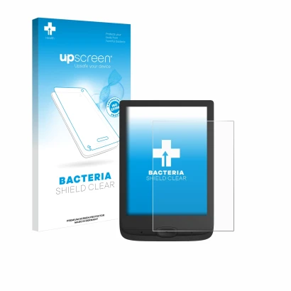 Parte frontal de un envase de producto con el logotipo de la marca upscreen. Al lado se muestra el dispositivo PocketBook Basi